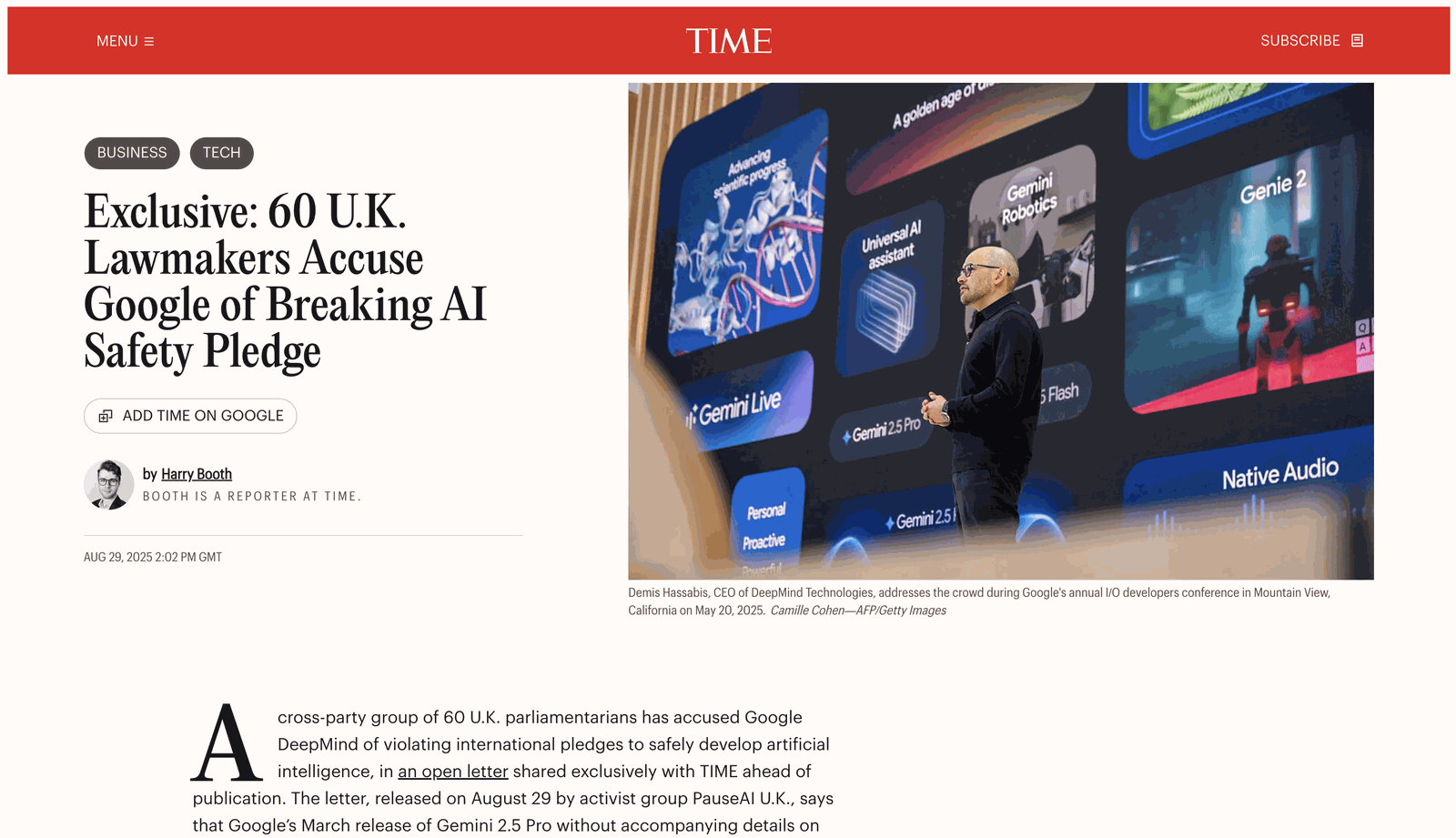 TIME article: 60 U.K. Lawmakers Accuse Google of Breaking AI Safety Pledge