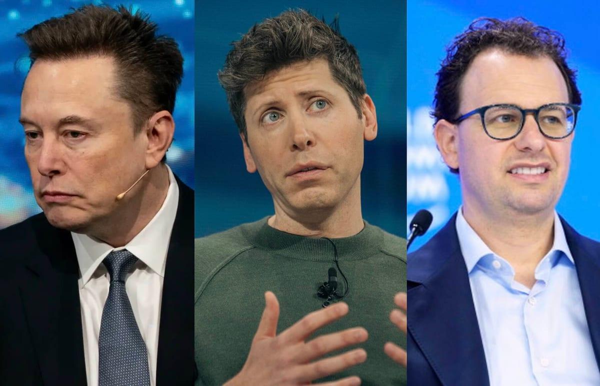 Side-by-side photos of three AI company leaders speaking at public events